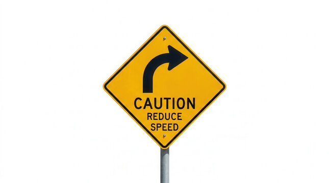 Caution Reduce Speed Diamond Road Sign With Right Curve Arrow Symbol