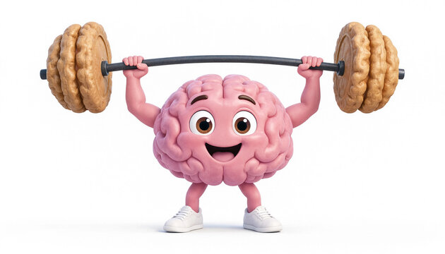 Cute cartoon brain character lifting barbell with walnuts for mental health and brain power concept