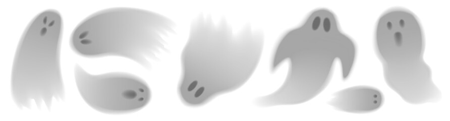 Obraz premium Set of abstract cute ghosts. Collection of scary transparent ghosts for Halloween decoration. Vector illustration of 3d spooky poltergeists or phantoms. Spooky spirits for holiday design.