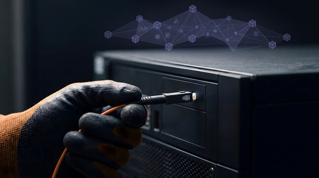 Technician inserts a cable into a server rack while digital network nodes hover in the dark room.