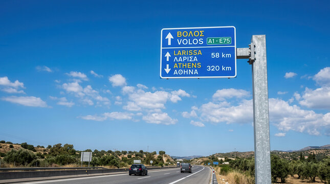 Greek Highway Directional Signage To Major Cities Under Sunny Skies