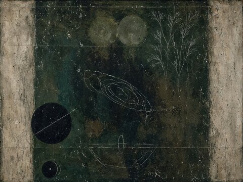 Abstract celestial imagery with planets and stars on textured background  