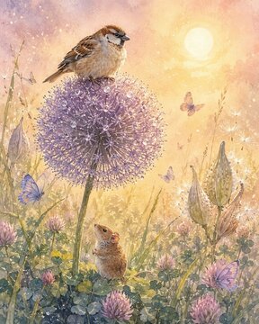 Sparrow perched on blooming allium flower with mouse in meadow  