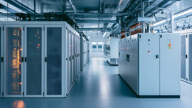 The data center's server room, along with its electrical systems, contains rows of computer server racks and power cabinets within a contemporary industrial tech facility, designed for networking, sto