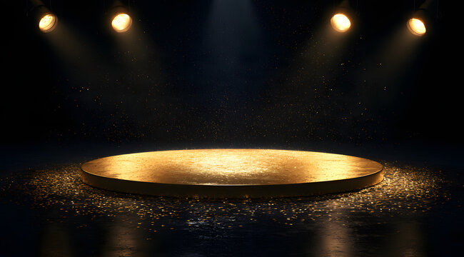 Under the stage lights, a golden circular platform glitters with falling light.