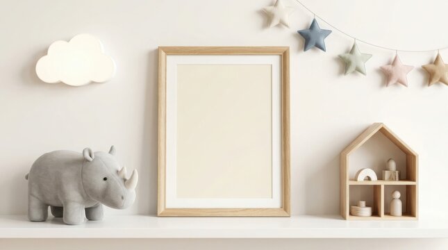 Vertical empty photo frame mockup in children room