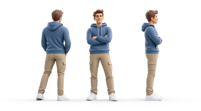 3D character model sheet of a young man wearing hoodie and trousers in front back and side views