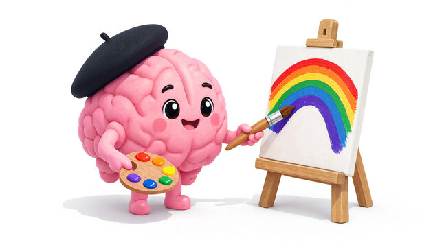Cute cartoon brain artist character painting a rainbow on canvas with paintbrush and palette