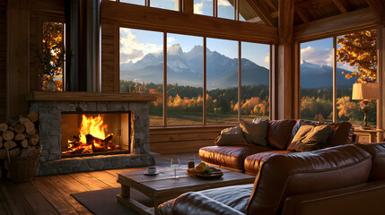 Fototapeta premium Cozy cabin living room featuring a blazing fireplace and a breathtaking autumn mountain vista, perfect for virtual meetings on MS Teams, Zoom, or any digital conference