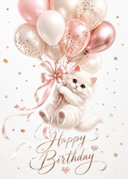 Cute White Kitten Floating With Pink Birthday Party Balloons