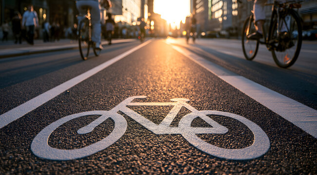 A close-up shot of a bicycle lane on asphalt, set against the backdrop of city structures and cyclists in the distance, evoking themes of urban mobility and eco-friendly transportation.