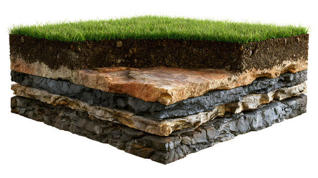 A realistic geological cross section displaying fertile soil layers, rocky strata, and bedrock beneath the green grass.