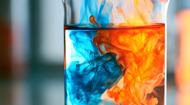 Vibrant blues and oranges seep into a laboratory beaker, illustrating an abstract chemical reaction.