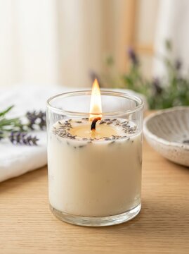 A flickering flame ignites the cotton wick of a fragrant lavender soy candle, releasing a soothing, calming aroma in a relaxing spa setting, surface, purple, detail