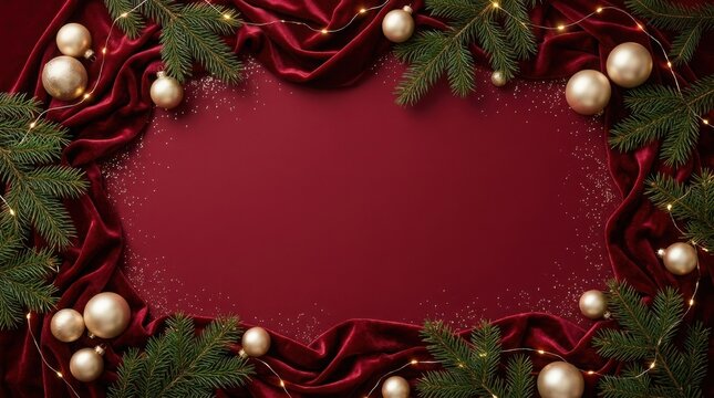 Christmas background with fir branches and velvet fabric