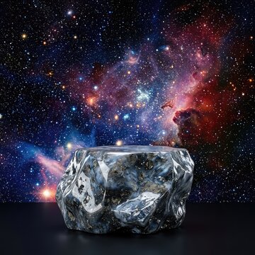 A front-view photograph captures a lunar-inspired, glossy moon rock podium set against a deep space background with stars and nebula, deep space, pedestal, style