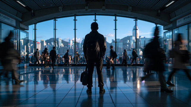 Man Standing in Busy Transit Station Overlooking City