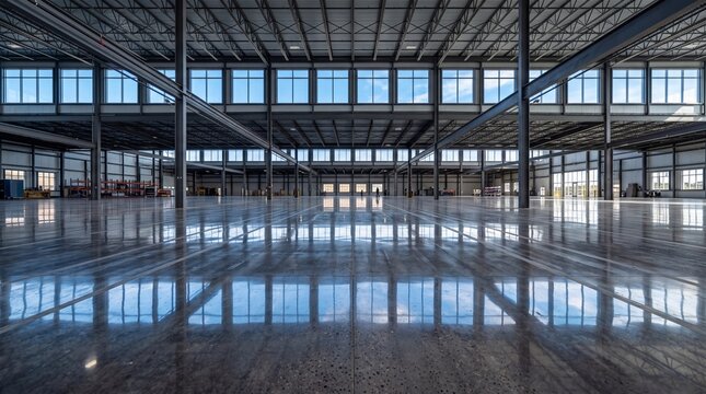 Spacious Empty Warehouse Interior with Polished Concrete Floor