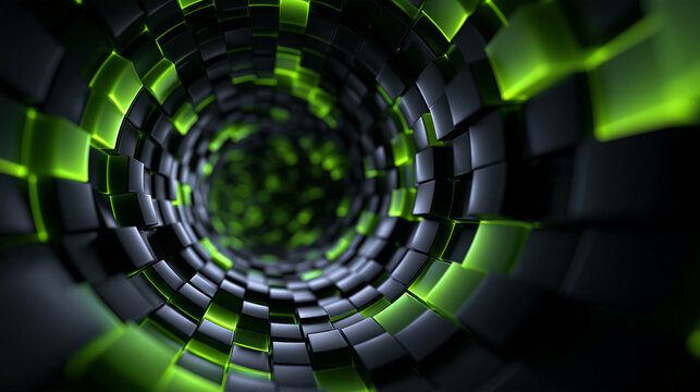 Abstract Futuristic Cyber Tunnel with Glowing Green Cubes