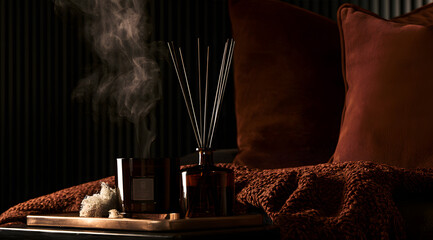 Obraz premium In a dim corner, a premium home fragrance diffuses an inviting aroma