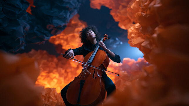 Female Cellist Playing Cello in Dramatic Surreal Setting