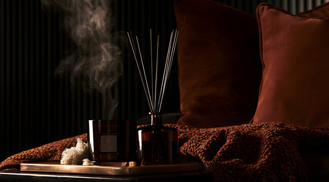 In a dim corner, a premium home fragrance diffuses an inviting aroma