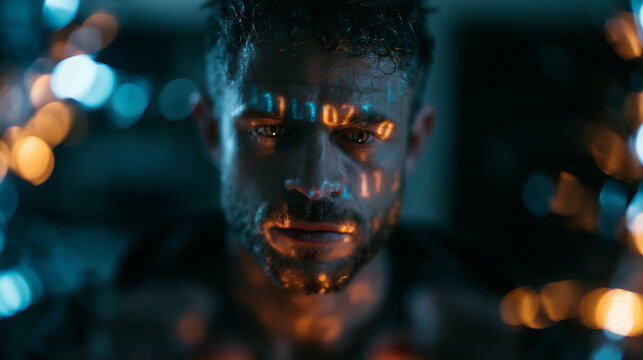 Focused Programmer with Digital Code Projected on Face