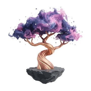 3D cosmic floating bonsai tree isolated on white background, futuristic celestial plant vector illustration, magical starry miniature tree asset