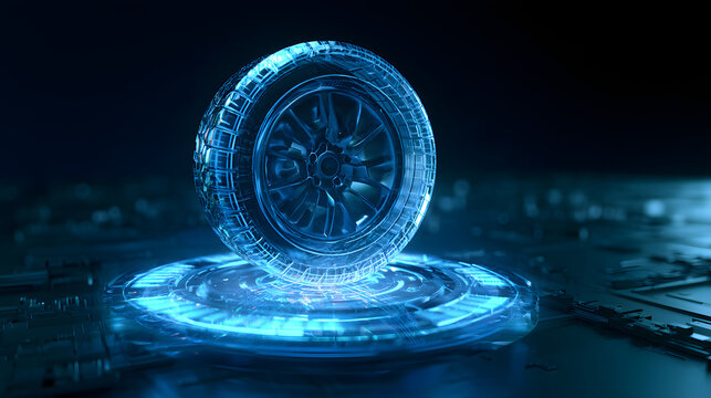 glass car tire icon glowing blue with a tread pattern on a dark technology background, representing an automotive part