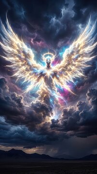 A massive, awe-inspiring light and cloud formation resembling a godlike entity with wings dominates the stormy sky, radiating divine energy, vast, sky, radiant