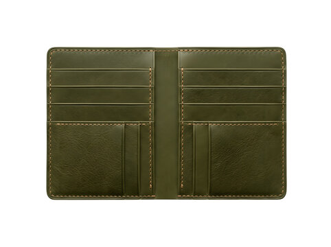 Open olive green leather wallet interior with slots and compartments isolated on transparent background