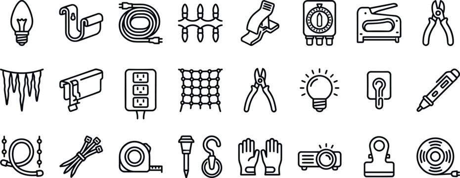 Christmas Outdoor Lighting Installation Equipment Outline Icons