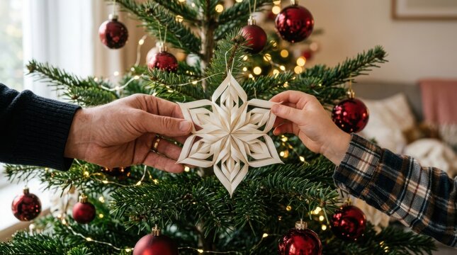 People hanging paper snowflake ornament on christmas tree