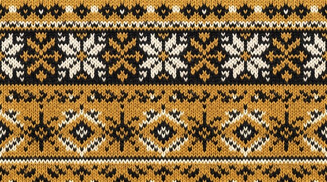 Seamless knitted pattern with traditional nordic winter motifs in yellow and black