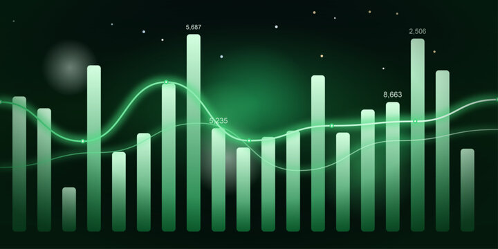 A vibrant green financial graph displays fluctuating market trends with a prominent curve indicating growth and decline against a backdrop of stylized data points.