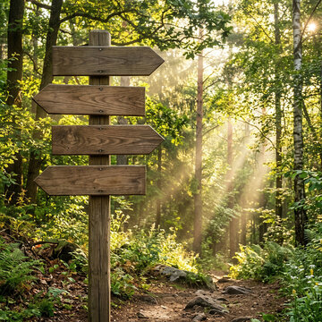 Wooden Directional Signpost In A Sunlit Forest Path