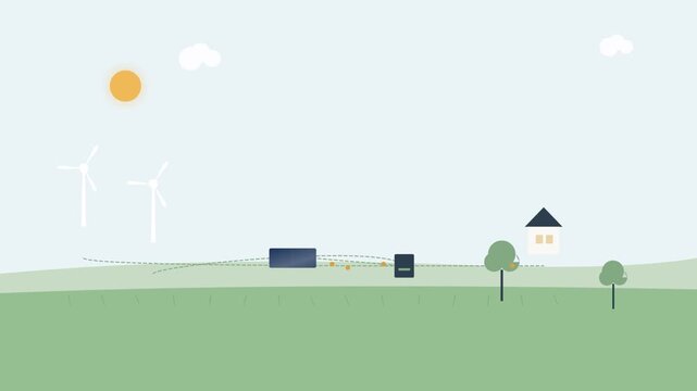 Minimalist green eco landscape vector illustration with wind turbines solar panels and small house