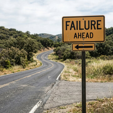Warning Sign On Winding Road Signifies Failure Ahead In Remote Landscape