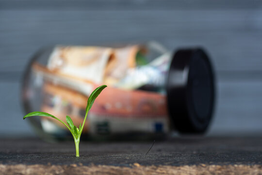 Euro banknotes in glass jar as money savings concept, Financial growth, euro money. Money savings, investment, budget planning, retirement fund, and financial growth concept