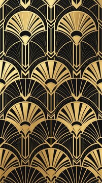 A seamless Art Deco pattern with repeating geometric fan shapes and lines, creating a classic retro vintage background texture in elegant gold and black, 1920s, deco style, geometric pattern