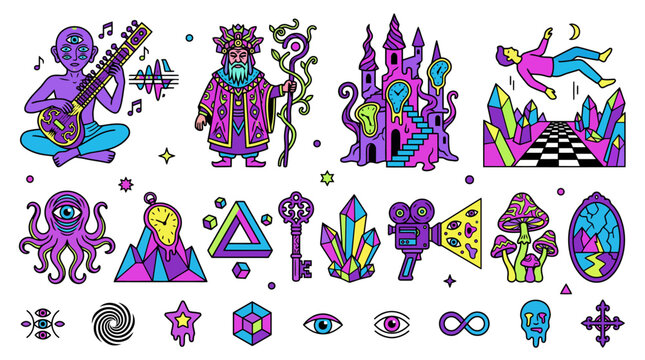 Psychedelic cartoon illustrations set with mystical wizard, surreal castle, magic items, and alien musician in vibrant neon colors