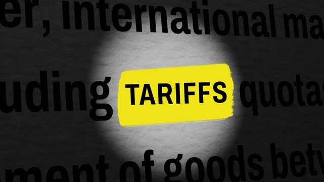 Global trade concept featuring highlighted TARIFFS text on dark newspaper background with cinematic 3D camera zoom out animation in 4K
