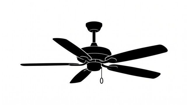 Black silhouette of a five blade ceiling fan with pull chain on white background
