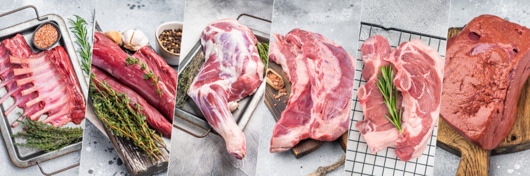 Assorted raw lamb ribs fillet leg chops and liver with herbs in a six panel butcher collage on light textured surfaces