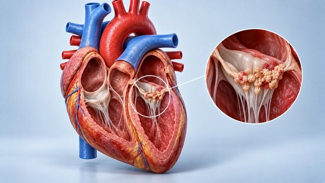 AI generated medical cross section of human heart with zoomed detail of bacterial endocarditis on heart valve