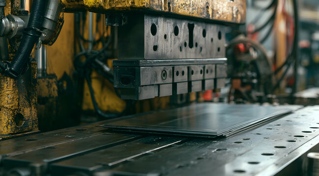 Industrial hydraulic press that shapes a thick steel sheet into an automotive precision component