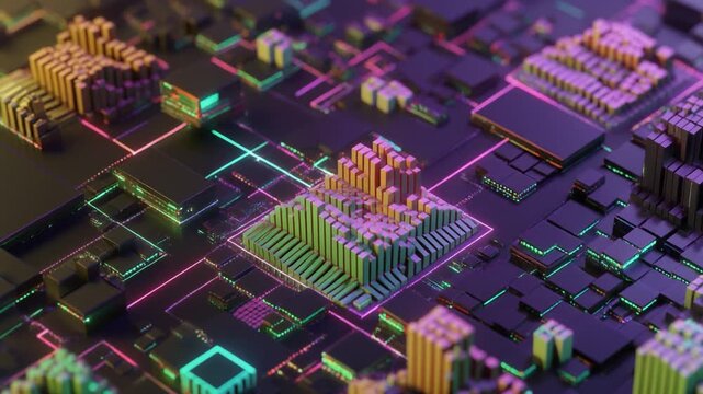 Abstract digital cityscape with glowing neon lines and isometric buildings during nighttime