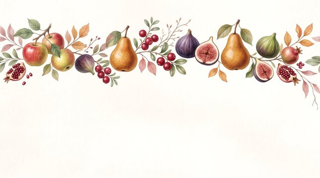 Fresh autumn fruits including apples pears figs and pomegranates arranged in a decorative seasonal border design