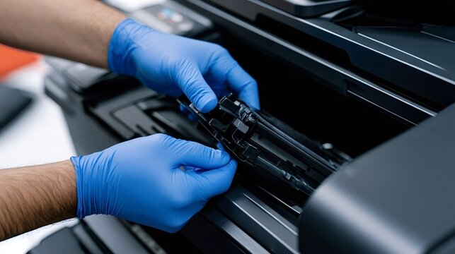 Hands in blue gloves are carefully installing a new toner cartridge into a laser printer, performing routine maintenance and ensuring proper functioning of the office equipment