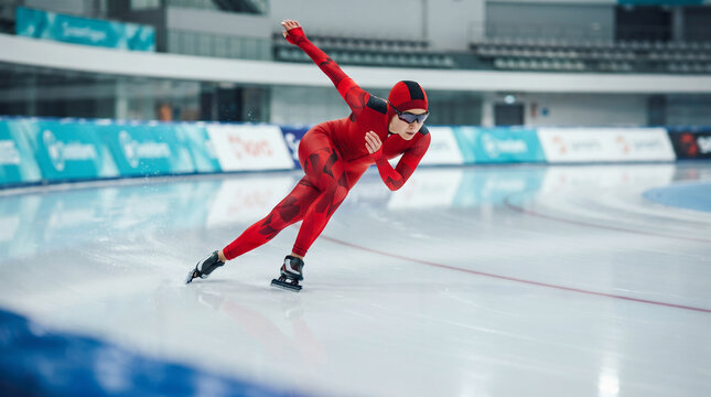 Female speed skater cornering on indoor ice oval track